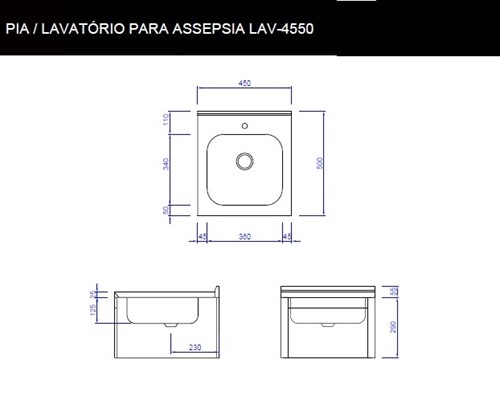 Lavatório Assepsia inox AISI304 LAV-4550 45X50, KIT completo