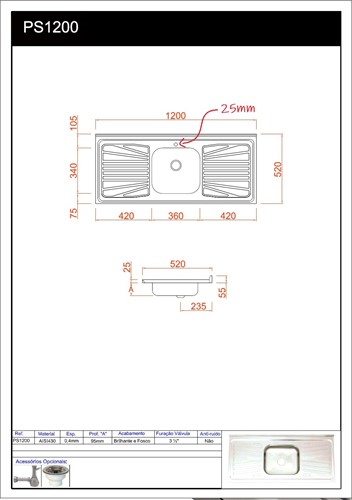 Pia de cozinha de aço inox 120 x 52 cm Fabrinox modelo PS1200, com furo torneira